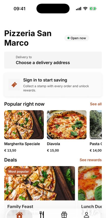 Het beginscherm van een bestel-app op een telefoon, met de kaart van de zaak en een knop om te bestellen.