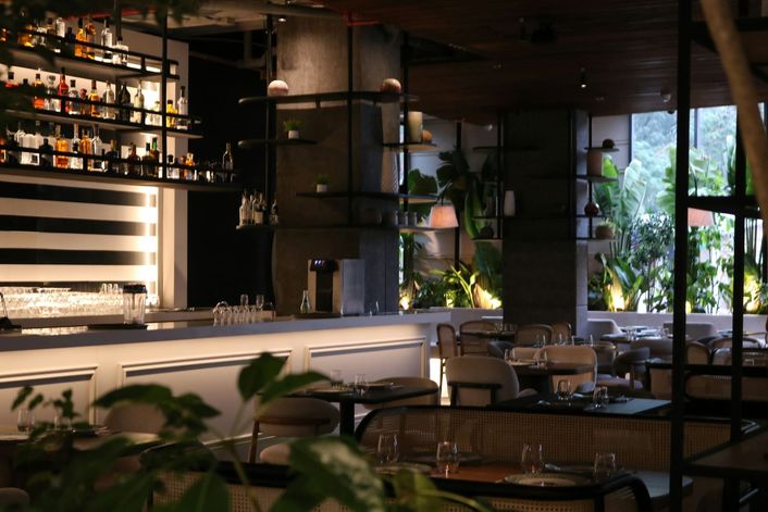 A lit bar with a wall of bottles, plants and laid tables in the half-dark.